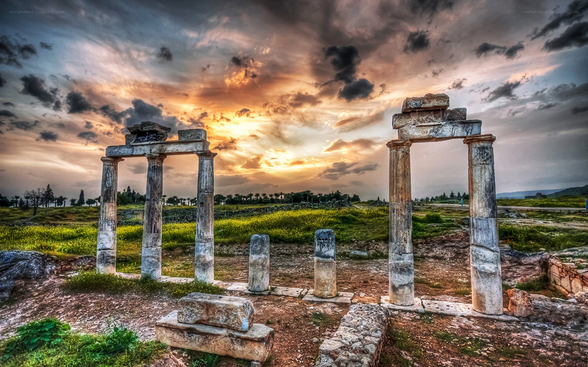 Ancient ruins at sunset