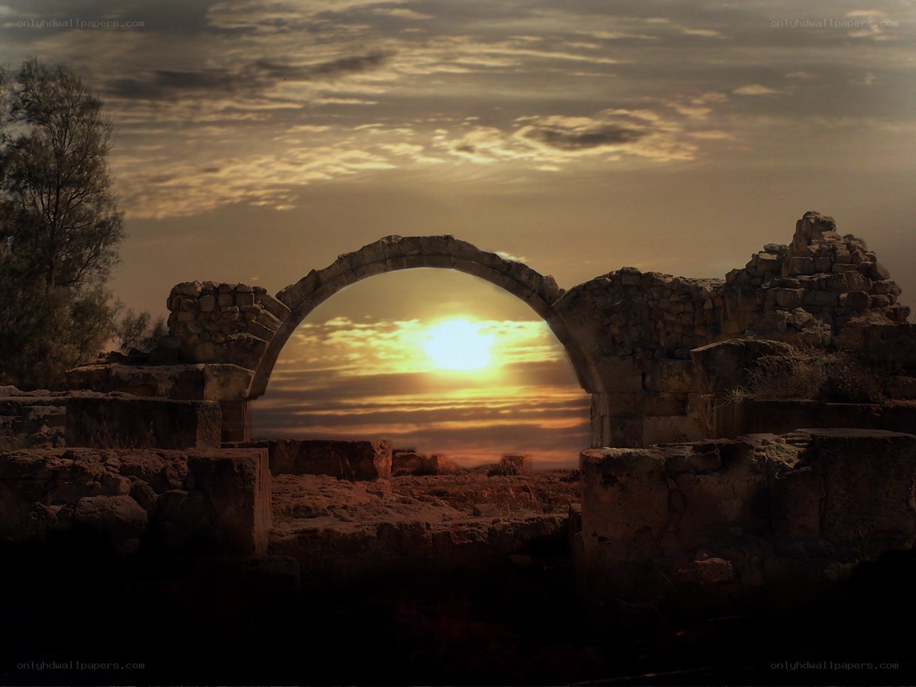 Ancient ruins at sunset