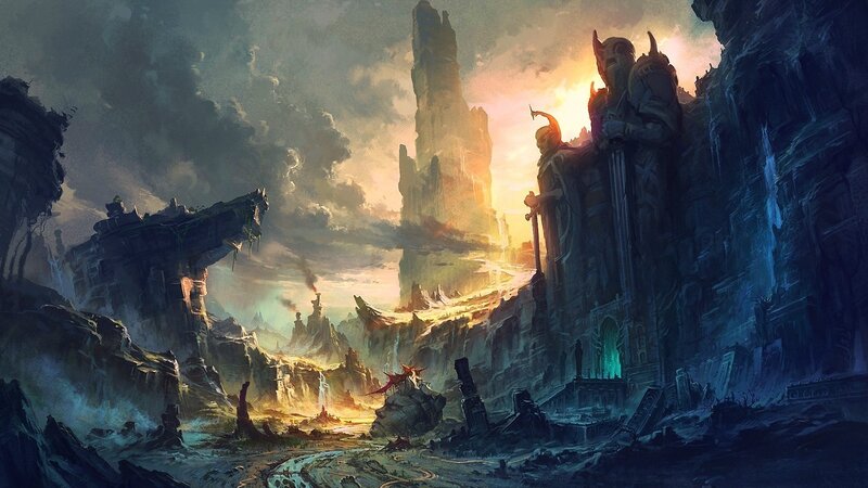Ancient Ruins at Sunset — Orange, Dramatic, Digital Art, Statue