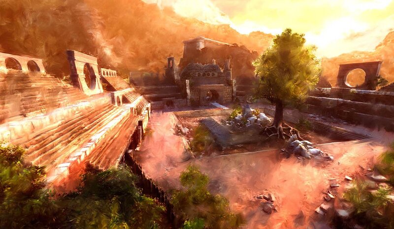 Ancient Ruins at Sunset — Orange, Dramatic, Digital Art, Tree