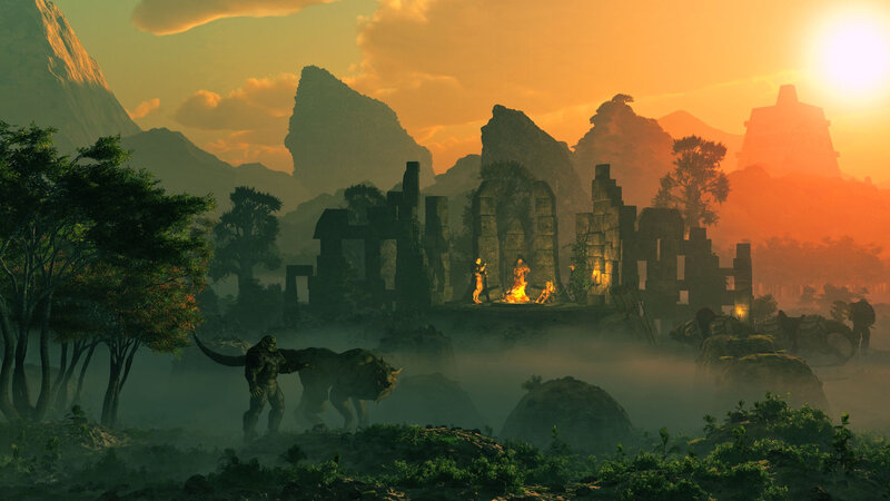 Ancient Ruins at Sunset — Orange, Dramatic