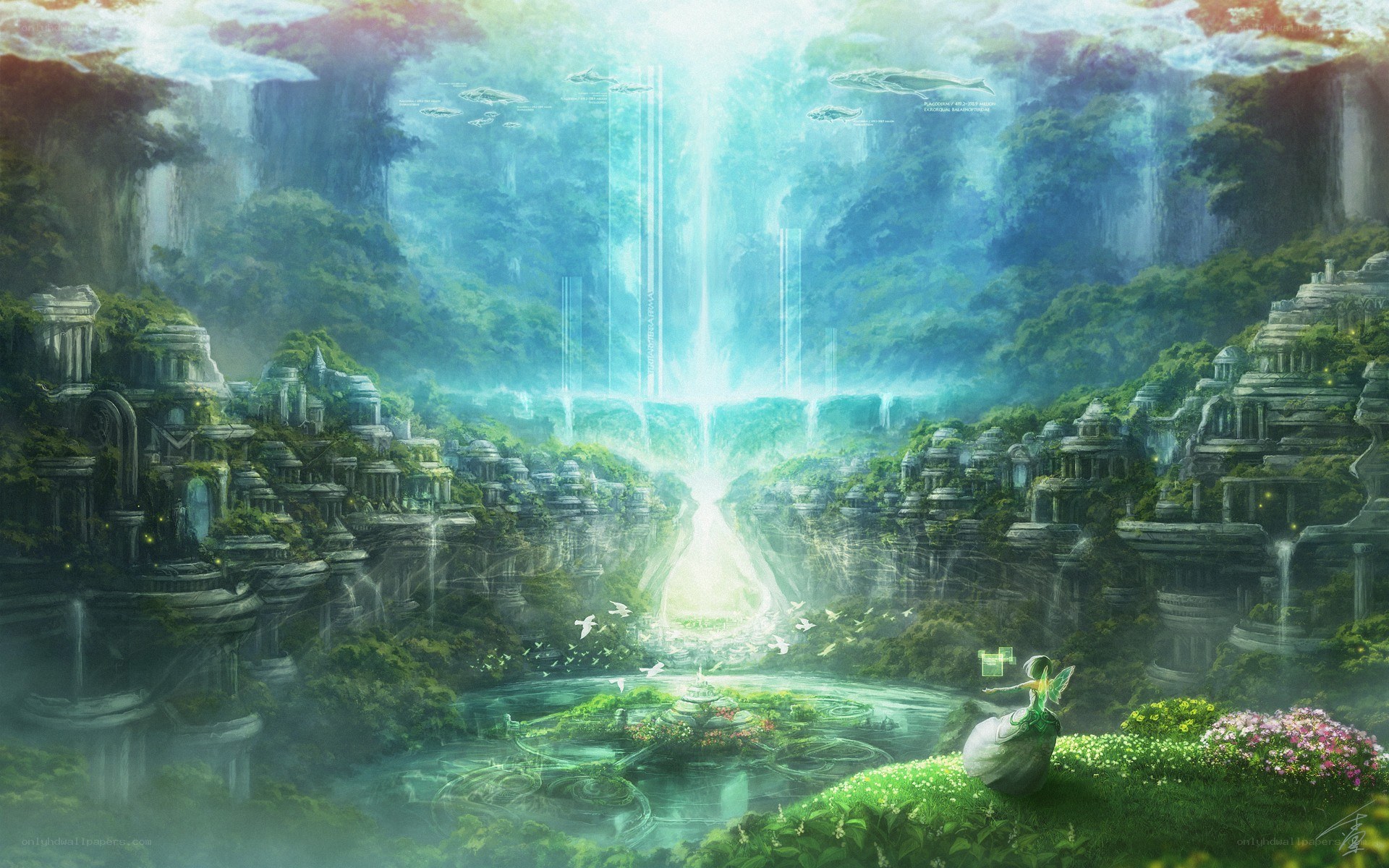 ancient ruins by a glowing waterfall
