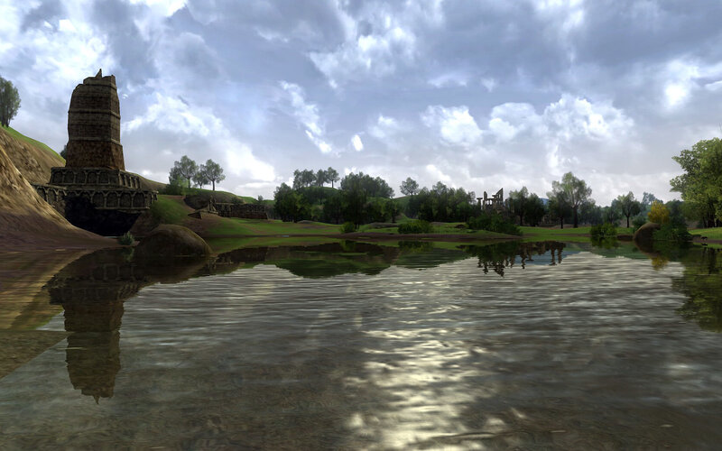 ancient ruins by a lake