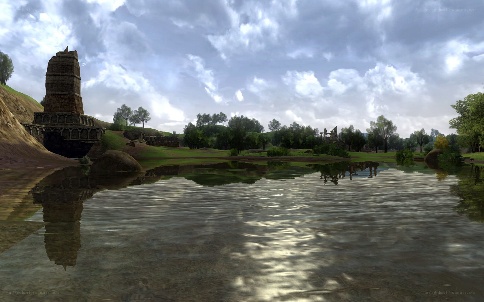 ancient ruins by a lake