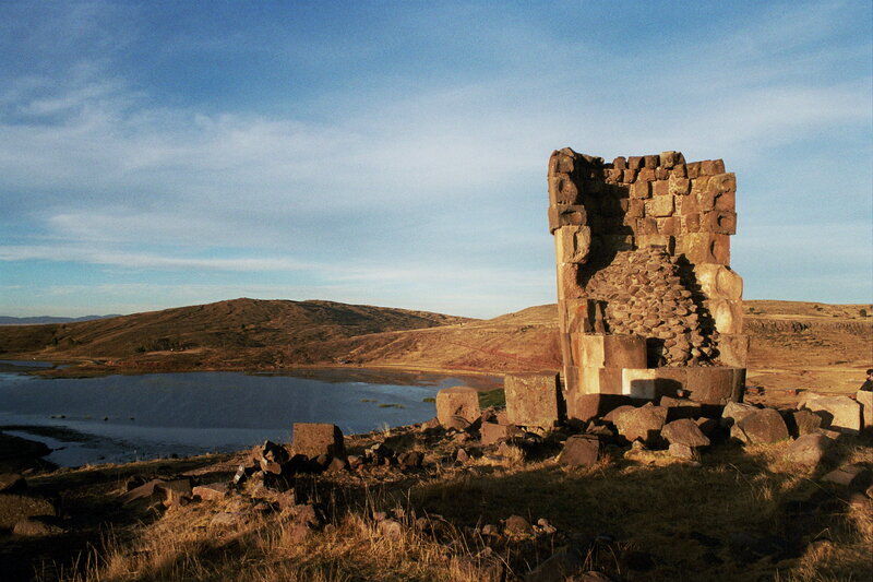 Ancient ruins by a lake