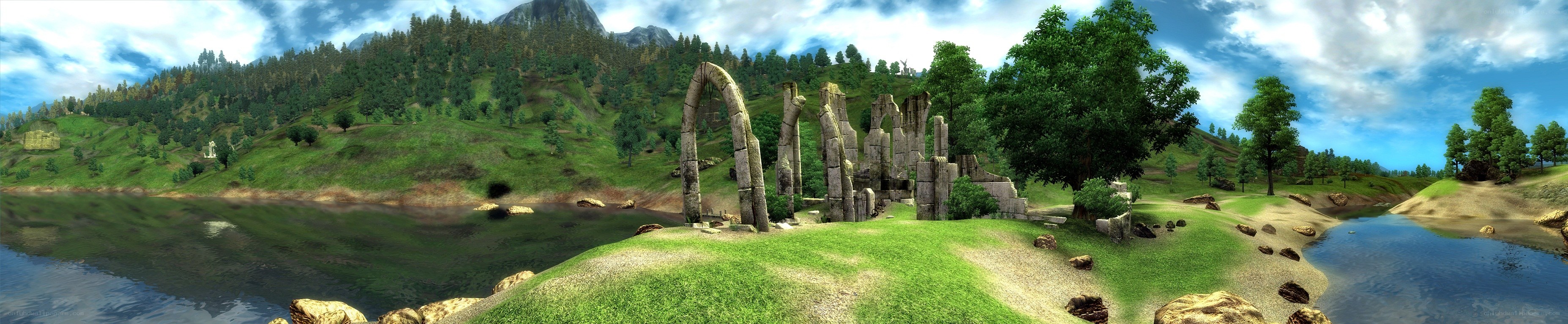 Ancient ruins by a lake