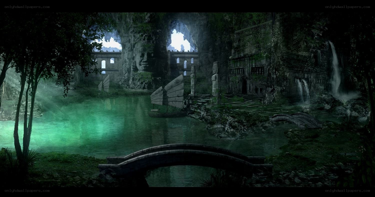 ancient ruins by glowing lake