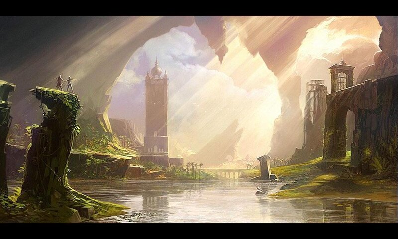 Ancient Ruins by River — Green