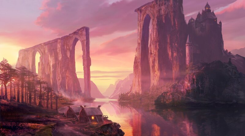 Ancient Ruins by River — Pink
