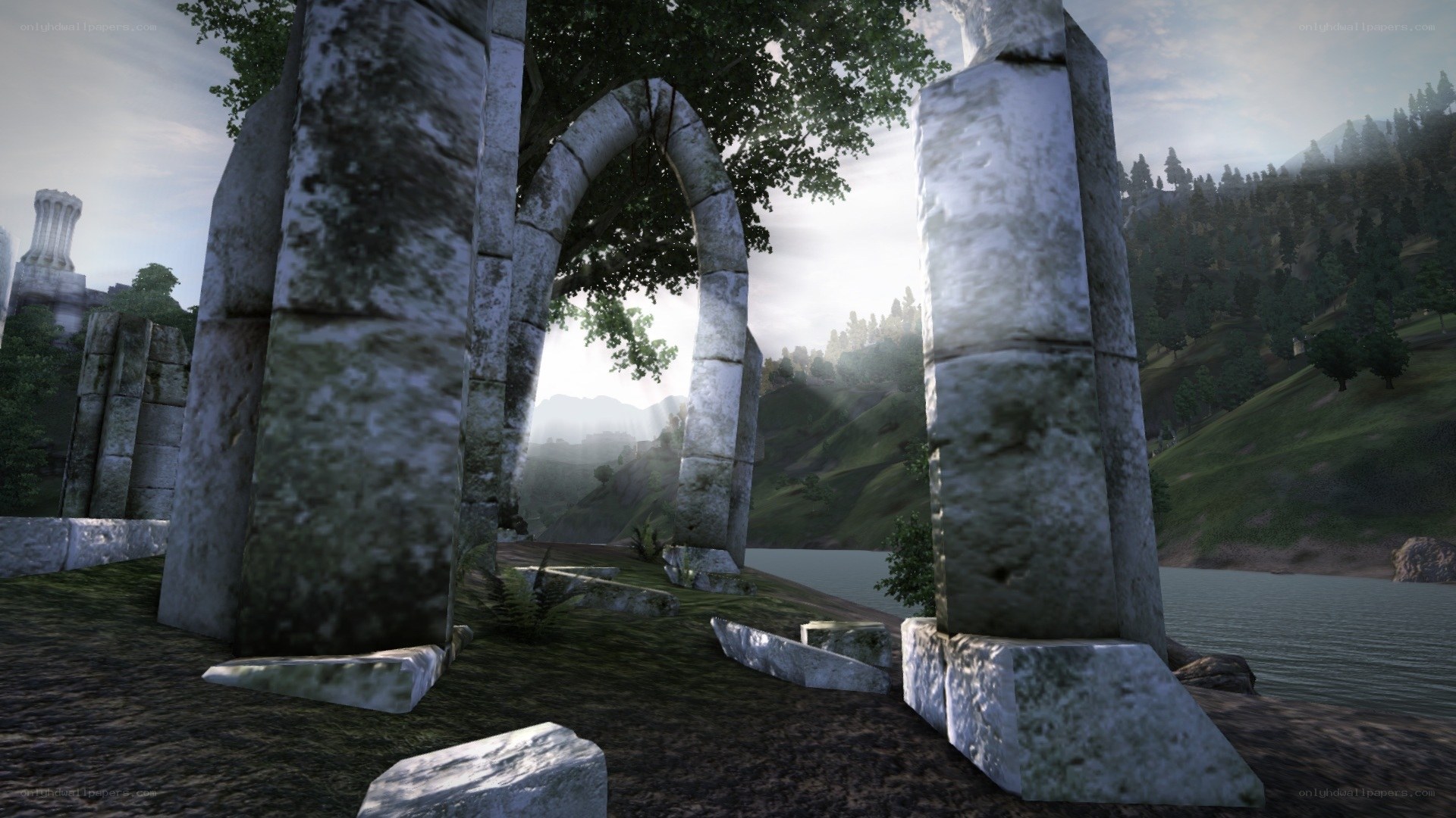 ancient ruins by the lake