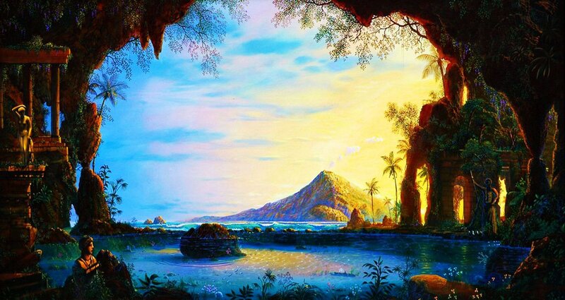 Ancient Ruins by the Sea — Blue, Serene, Sunset