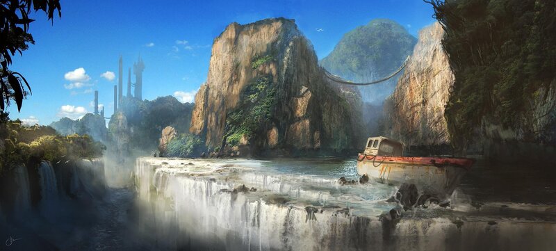 ancient ruins by the waterfall