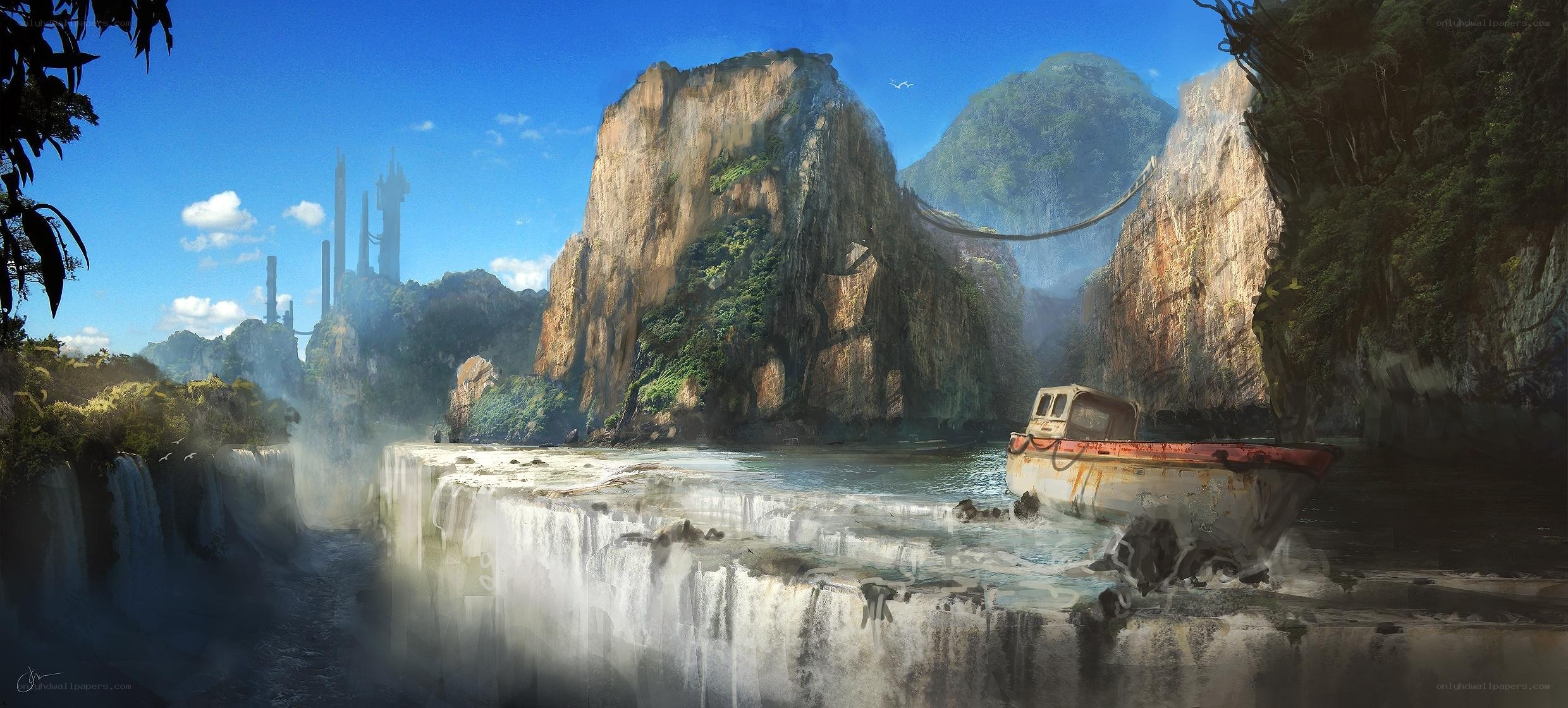 ancient ruins by the waterfall