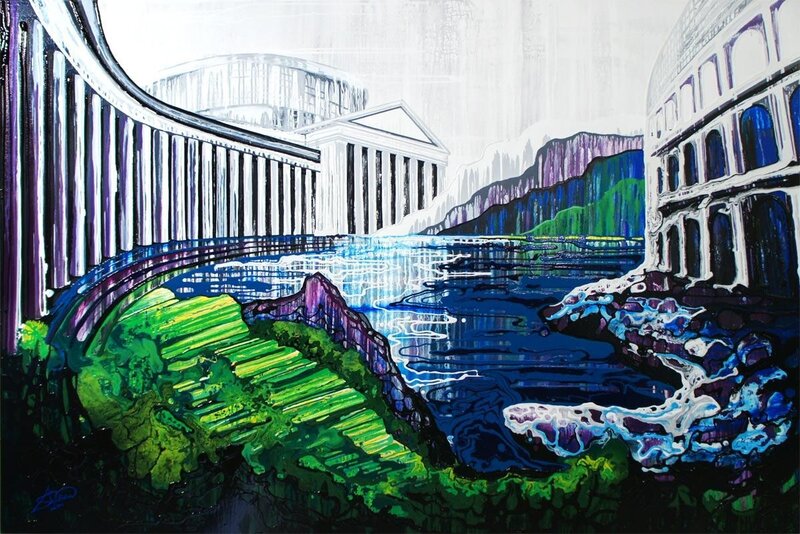 Ancient Ruins by Water — Blue, Dramatic, Illustration