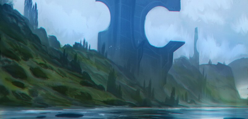 Ancient Ruins by Water — Blue, Mysterious