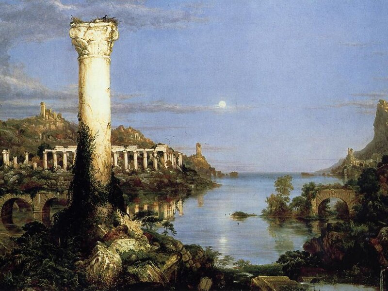 Ancient Ruins by Water — Blue, Serene, Night