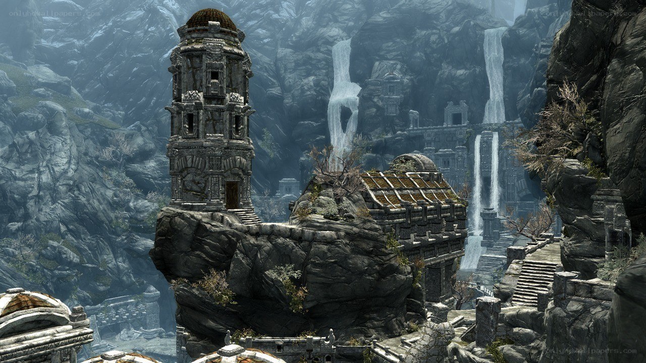 ancient ruins by waterfall