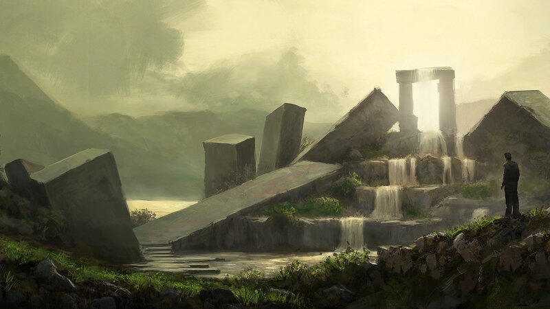 ancient ruins by waterfall