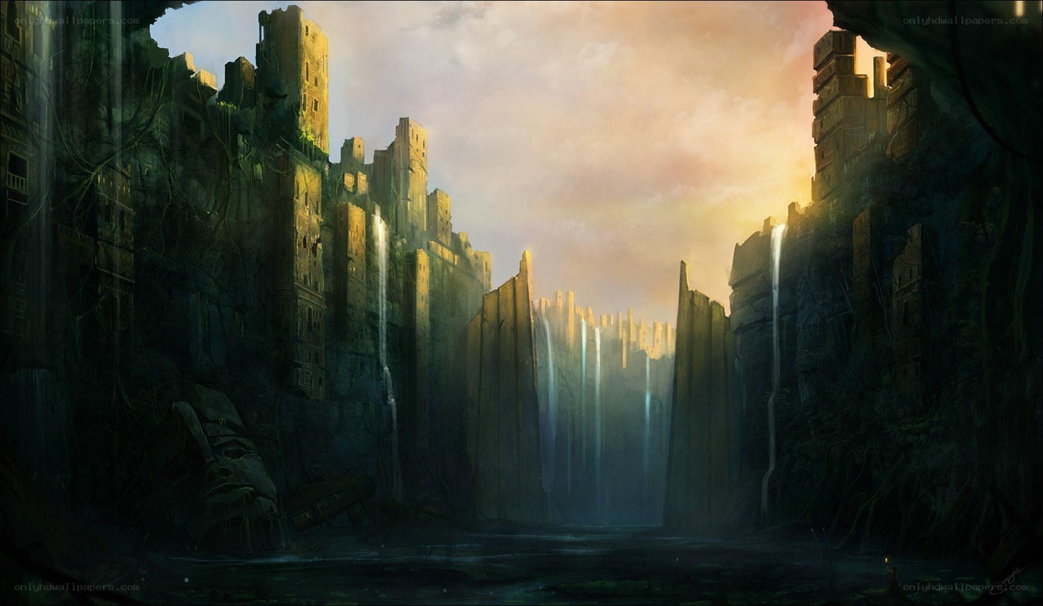 ancient ruins by waterfall