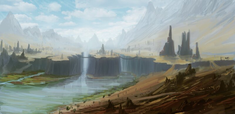 Ancient Ruins by Waterfall — Blue, Serene