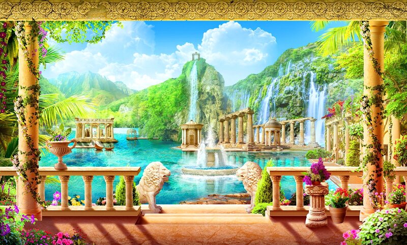Ancient Ruins by Waterfall — Blue
