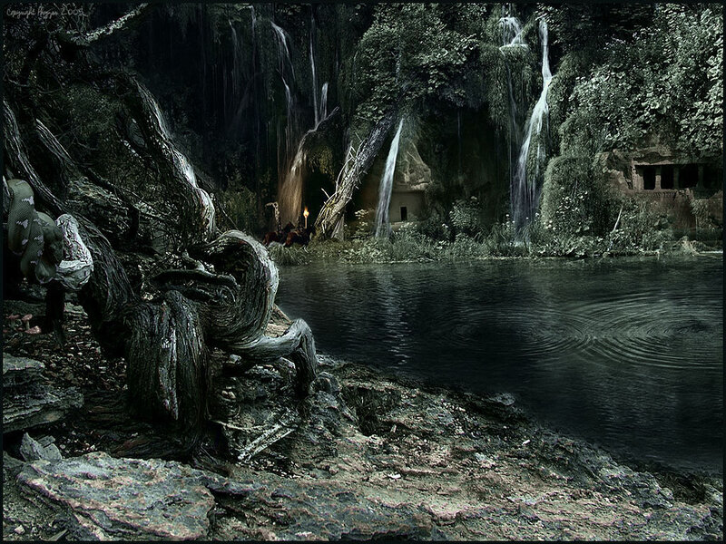 Ancient Ruins by Waterfall — Green, Dark
