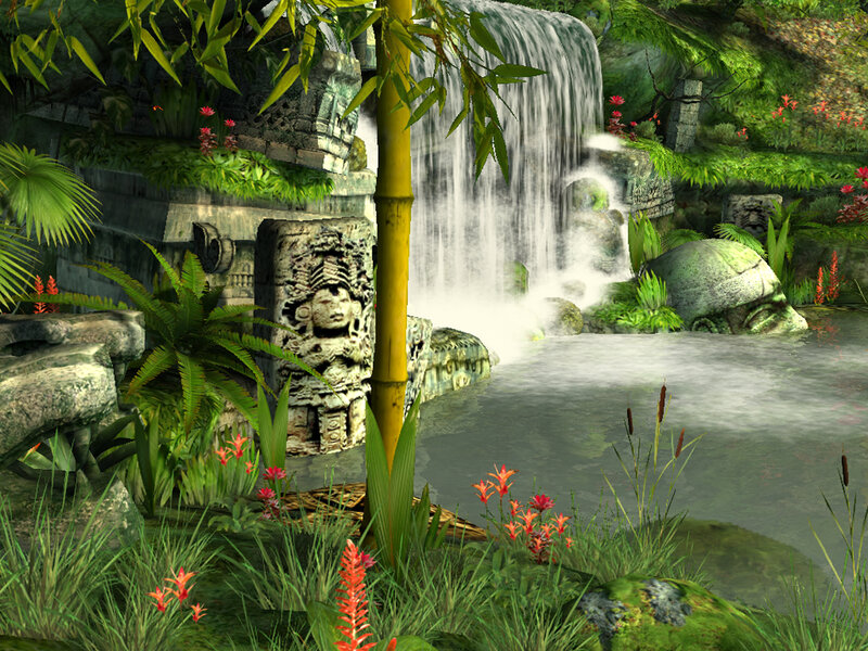 Ancient Ruins by Waterfall — Green, Serene, 3d Render