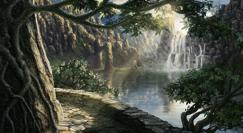 Ancient Ruins by Waterfall — Green, Serene, Morning