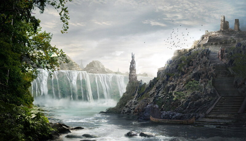 Ancient Ruins by Waterfall — Green