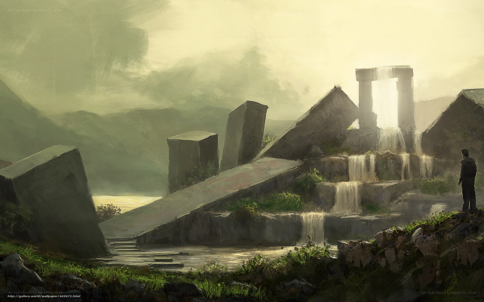 ancient ruins by waterfall