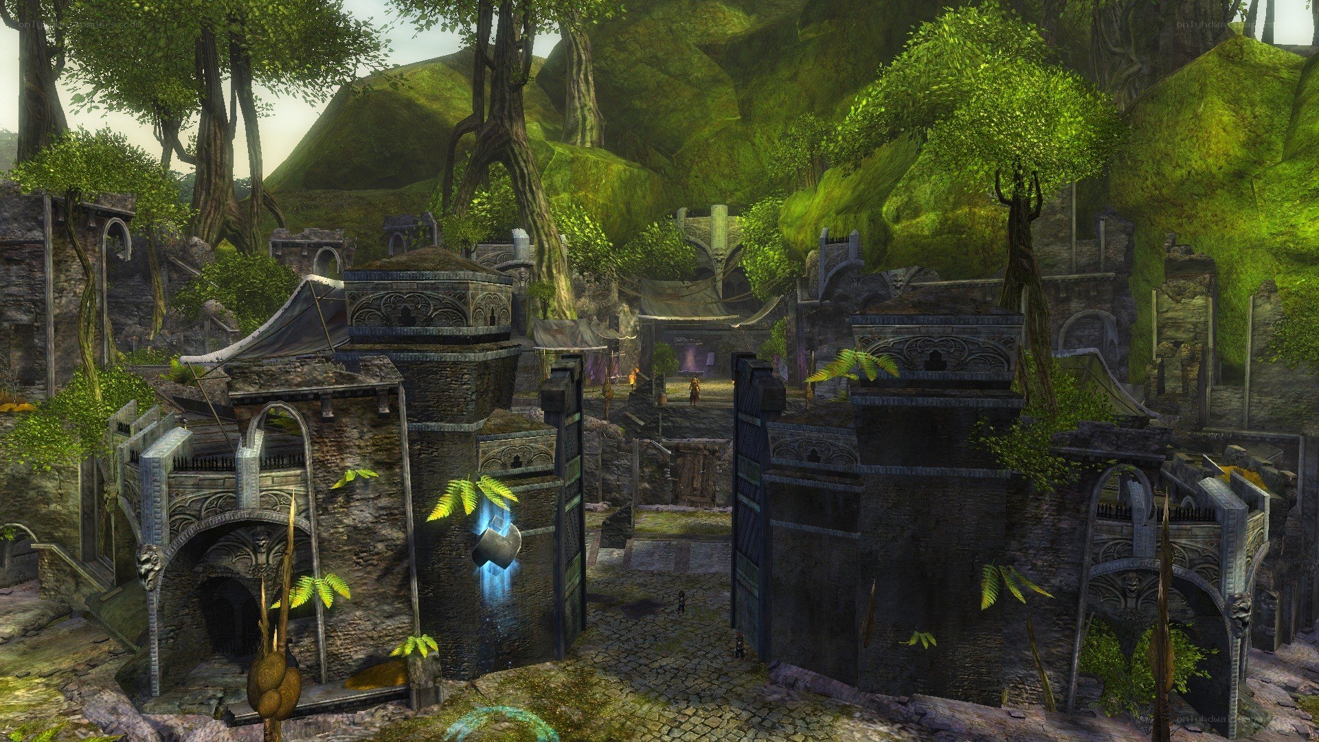 ancient ruins in a lush forest