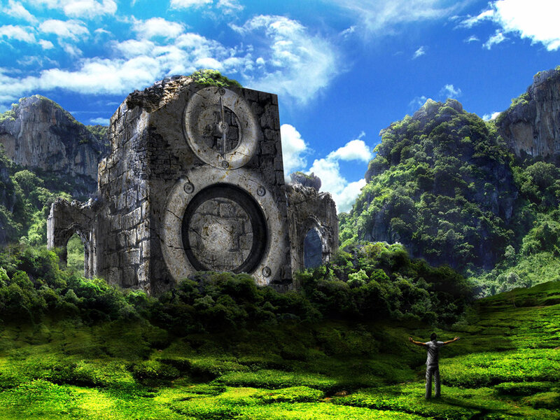 ancient ruins in a lush valley