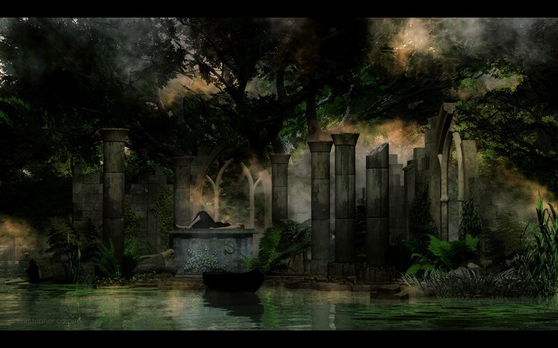 ancient ruins in a misty forest