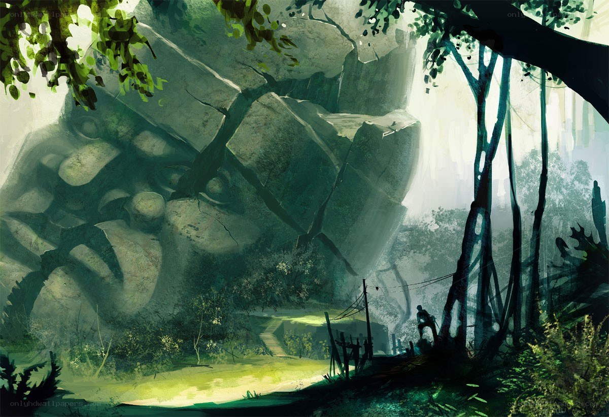 ancient ruins in a misty forest