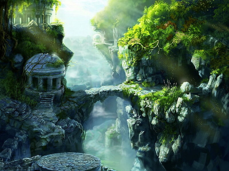 ancient ruins in a misty valley