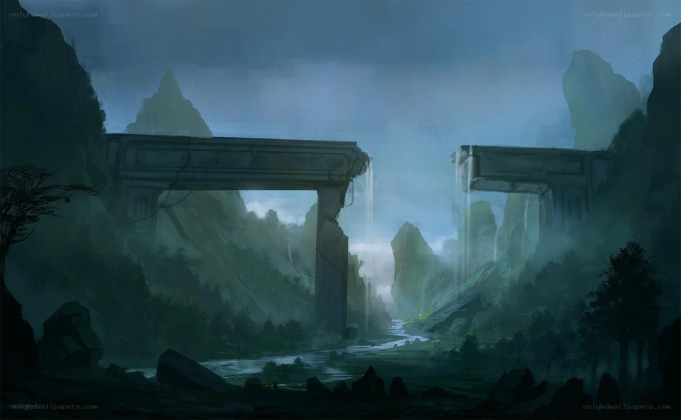 ancient ruins in a misty valley