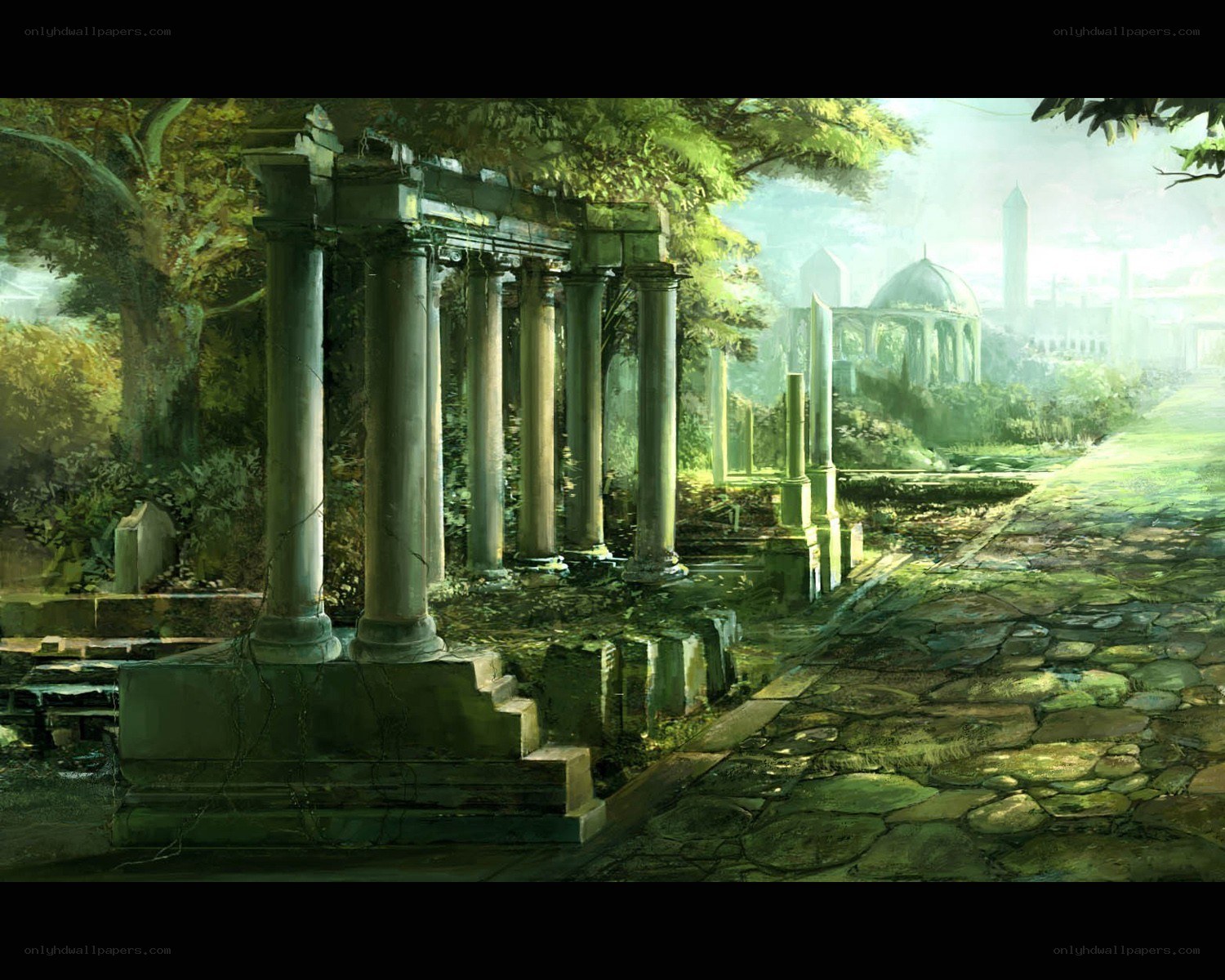 Ancient ruins in a sunlit forest