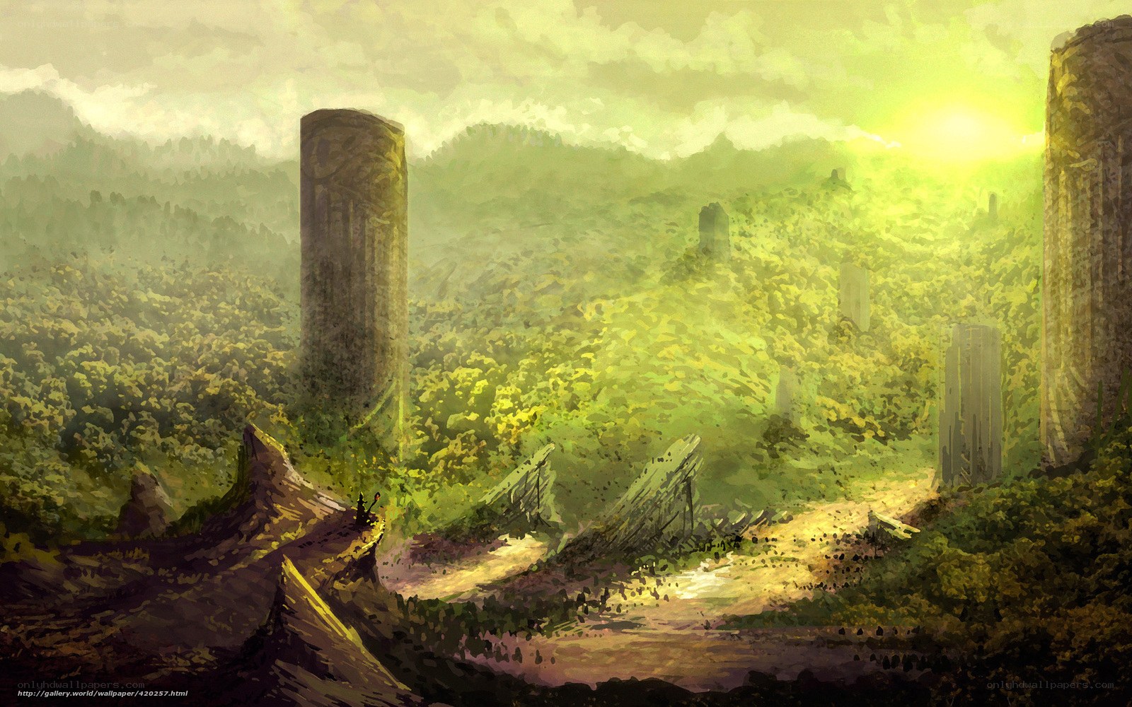 Ancient ruins in a sunlit forest