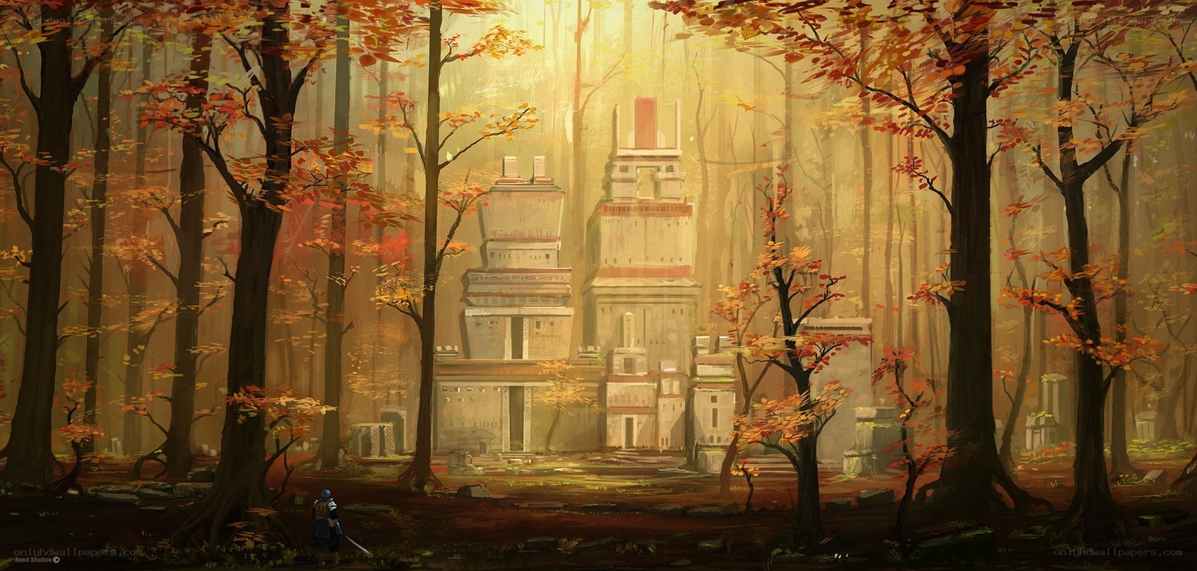 Ancient ruins in autumn forest