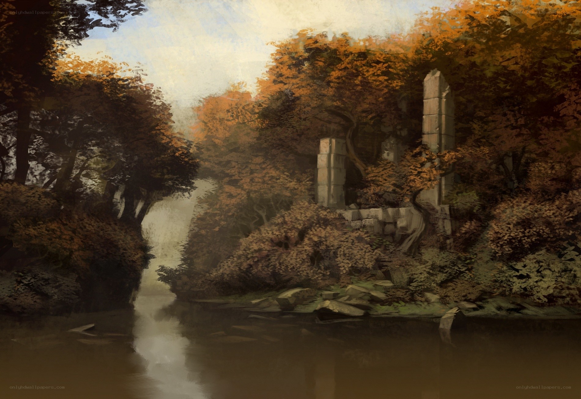 Ancient ruins in autumn forest