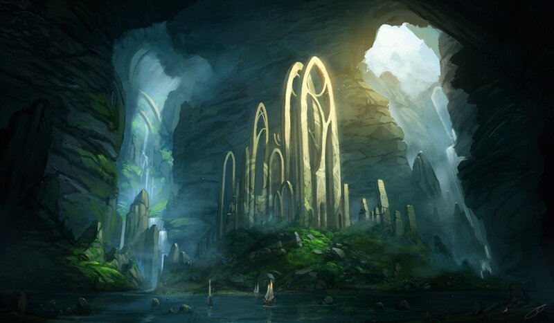 Ancient Ruins in Cave — Green, Mysterious