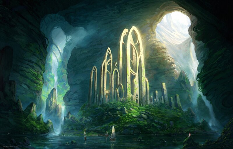 Ancient Ruins in Cave — Green, Serene