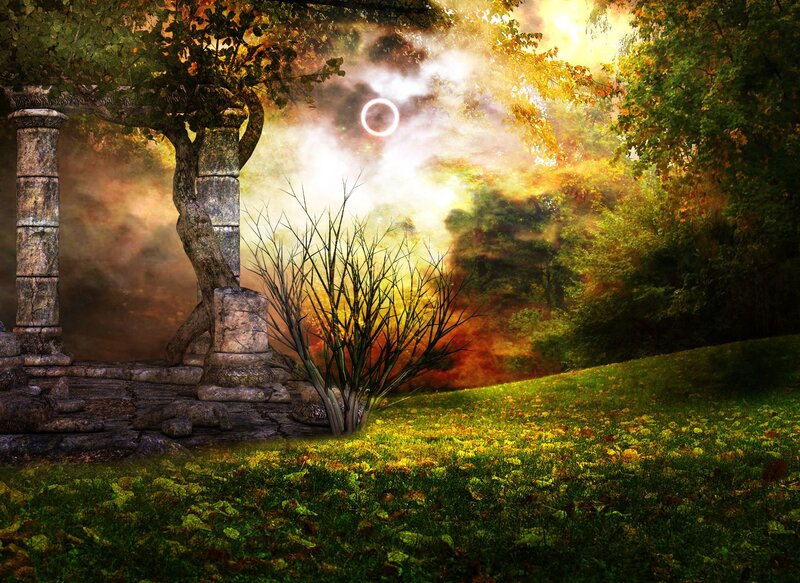 Ancient Ruins in Forest — Green, Dramatic