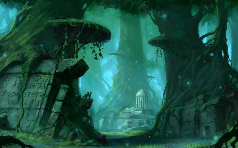 Ancient Ruins in Forest — Green, Mysterious, Night, Digital Art