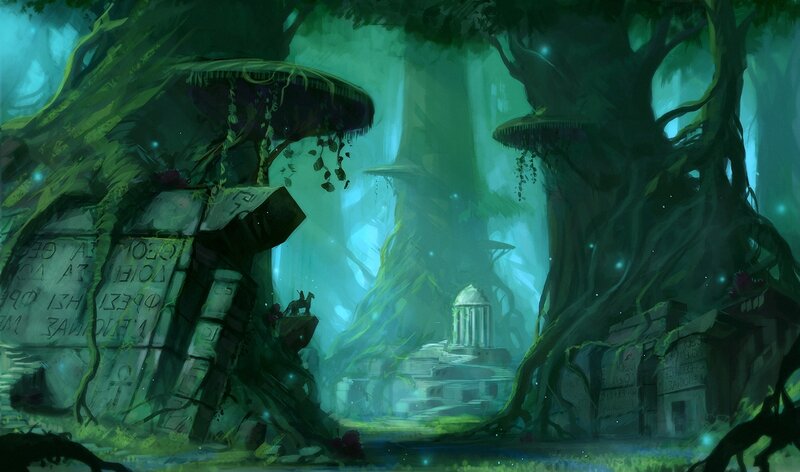 Ancient Ruins in Forest — Green, Mysterious, Night, Digital Art, Trees