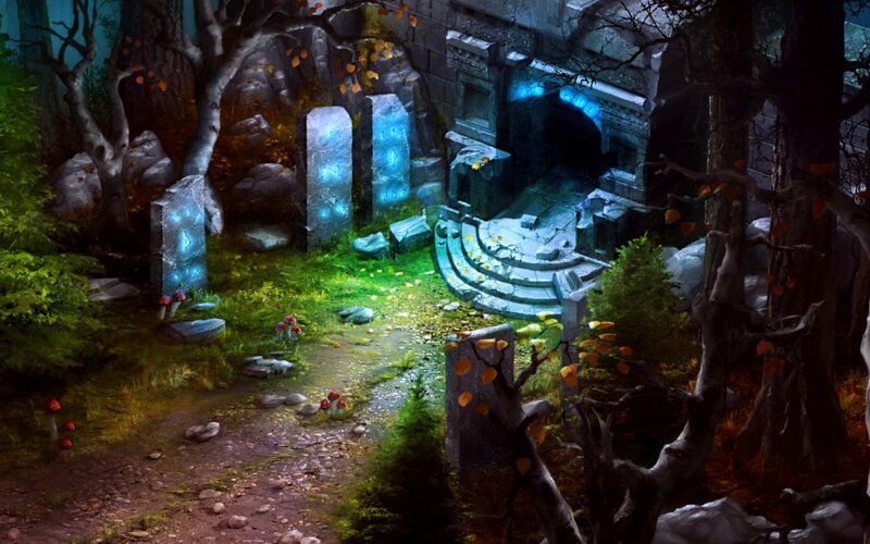 Ancient Ruins in Forest — Green, Mysterious, Night
