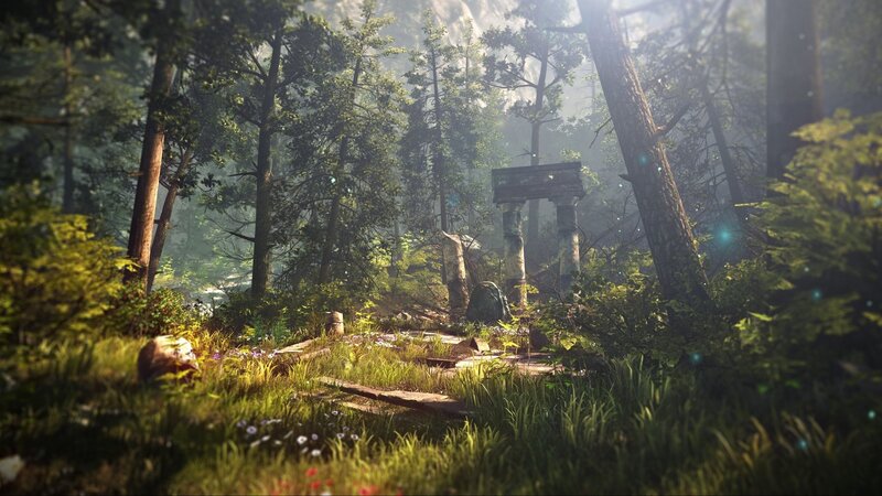 Ancient Ruins in Forest — Green, Serene, Morning, 3d Render