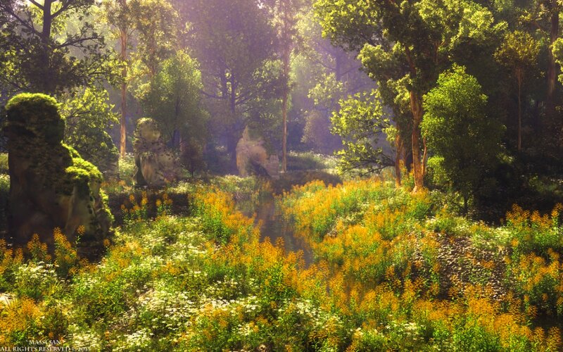 Ancient Ruins in Forest — Green, Serene, Morning