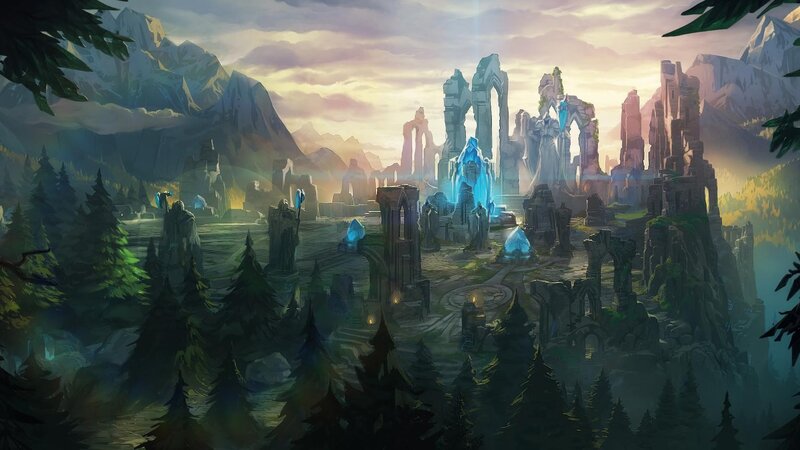 Ancient Ruins in Forest — Green, Serene, Sunset, Digital Art