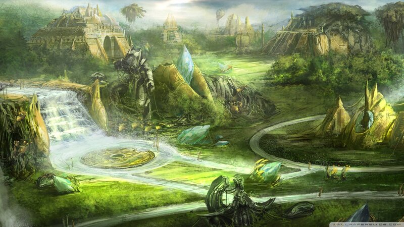 Ancient Ruins in Jungle — Green, Mysterious, Afternoon, Digital Art, Waterfall